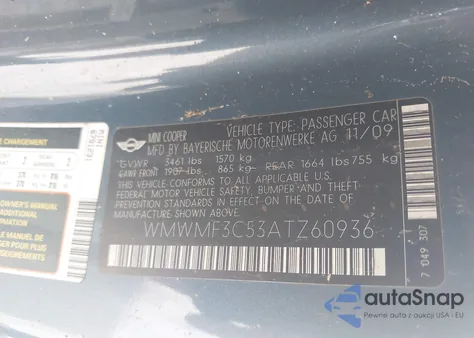 2010 Mini Cooper from USA, damaged, VIN WMWMF3C53ATZ60936